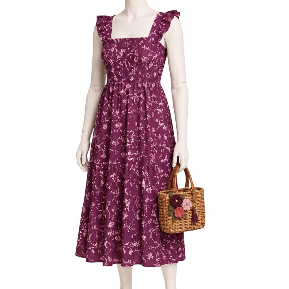 HILL HOUSE HOME The Ellie‎ Nap Dress Burgundy Botanical Smocked Women's | 2XL